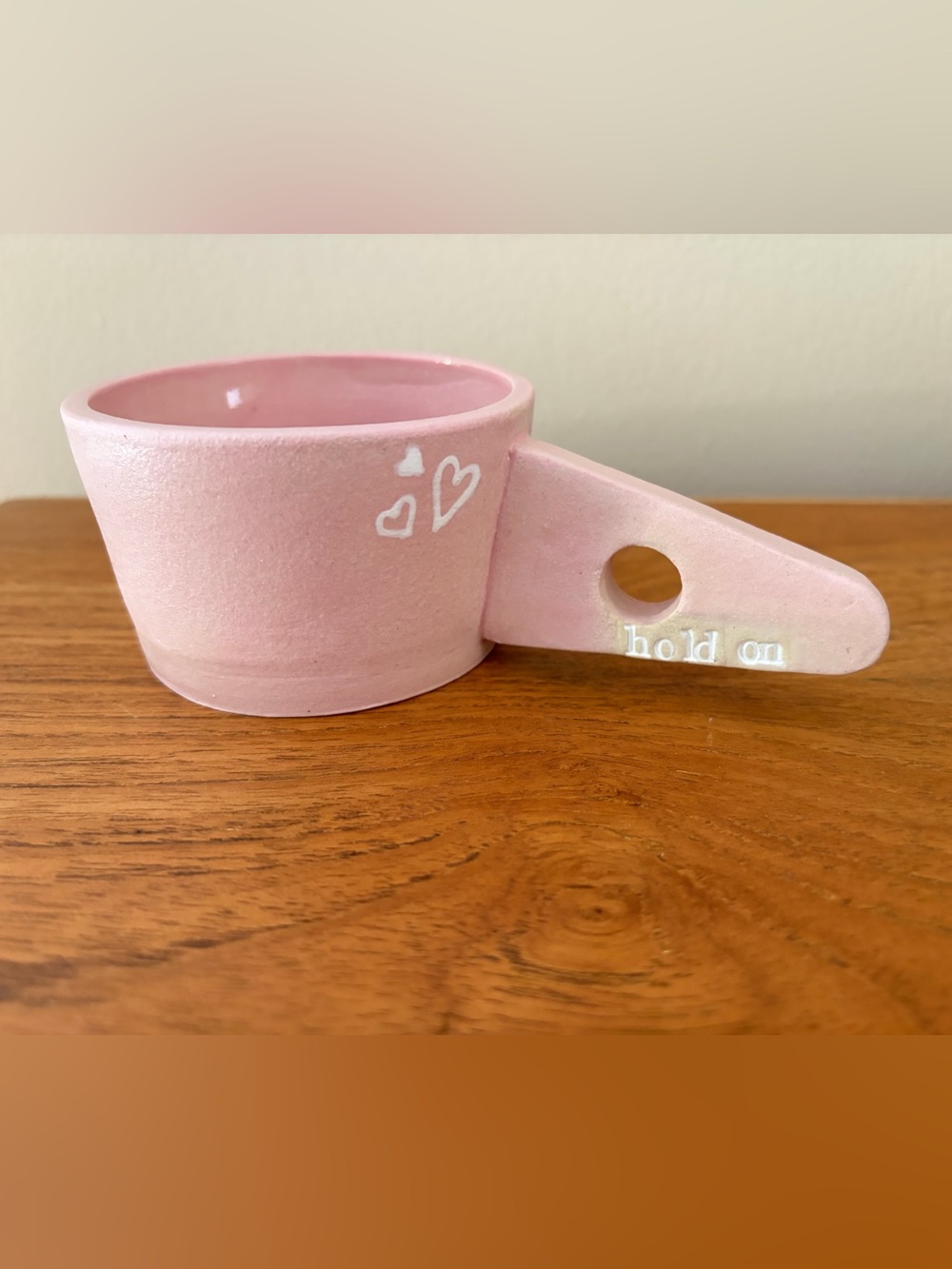 Handmade Blush Pink “hold on” Ceramic Mug